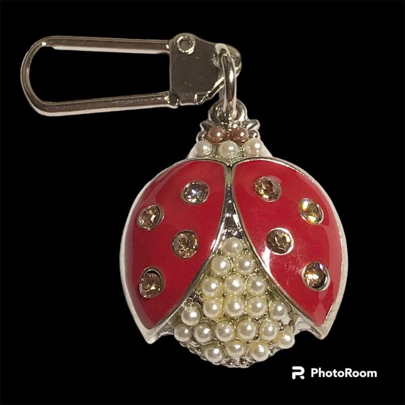 Red Ladybug Keychain Zipper Pull Purse Charm Backpack Pearl Crystal Enamel - Picture 1 of 9